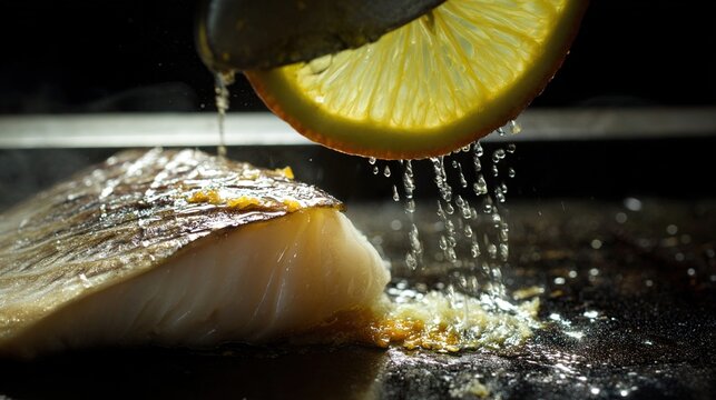 sudachi. Fresh sudachi citrus wedge being squeezed over grilled fish on kitchen counter. menu design, packaging mockups, designed for culinary blogs and recipe cards for restaurants.