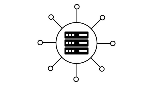 Black and White of a Server Rack with Connected Nodes Symbolizing Data Network or Cloud Computing on a White Background in a Simple Style