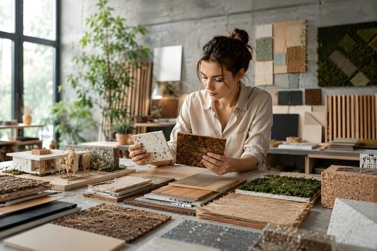 Materials Innovation Specialist Evaluating Circular Economy Surface Samples for Sustainable Construction