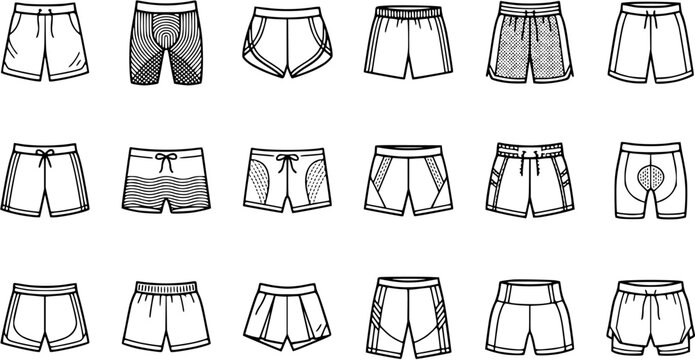 Sports and Fitness Apparel: Black and White Line Art Icon Set of Various Athletic, Running, and Casual Shorts. Outline Clothing for Activewear and Fashion Design.