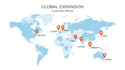Global Expansion of Corporate Offices Illustrated on World Map with Location Pins. © nan
