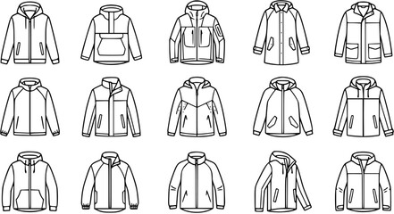 Clothing Apparel Jackets and Coats Line Art Icons. Black  White Outline Vector Collection of Outerwear Hoodies and Parkas for Fashion Design. © vectorcorp