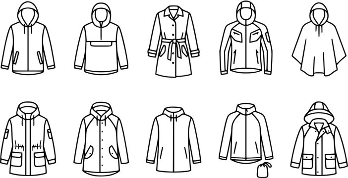 Raincoats and Waterproof Jackets Line Art Icons Set for Weather Protection. Outline Glyphs of Outdoor Apparel and Rain Gear.