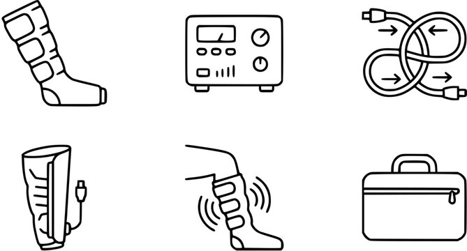 Medical DVT Prevention, Lymphatic Drainage  Sequential Compression Device Line Art Icons. Healthcare Rehabilitation Therapy Equipment Outline Set