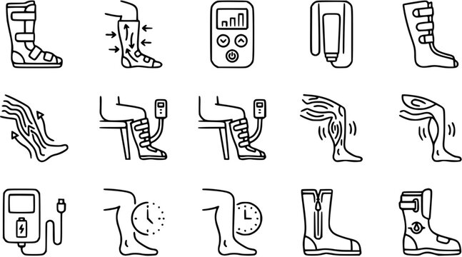 Medical Compression Boots and Devices Icon Set - Line Art Illustrations of Leg Therapy and Support