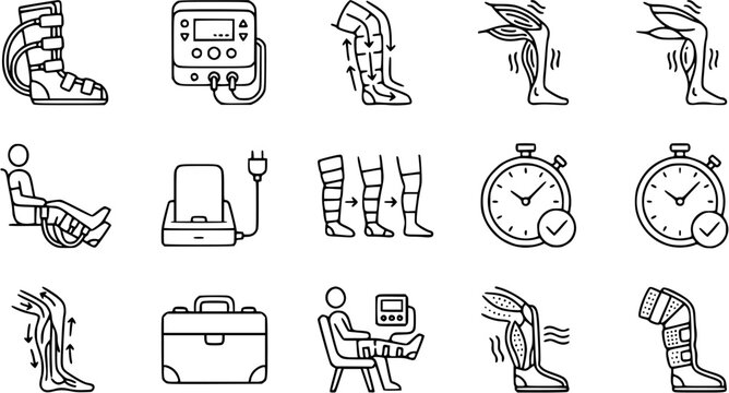 Medical Leg Therapy Line Art Icons Set: DVT Prevention, Compression, Lymphatic Drainage, and Rehabilitation Devices for Circulatory Health