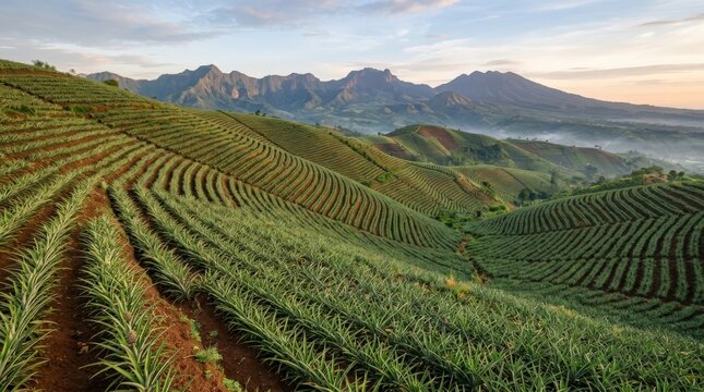 Vibrant pineapple farm on terraced hills in Kediri East Java, featuring lush green crop rows and majestic mountain landscapes under a soft morning sky for a wide cinematic scenic view of agriculture.