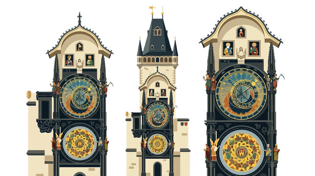 Three ornate astronomical clocks displayed side-by-side on a white background, showcasing intricate medieval craftsmanship and historical European architecture.