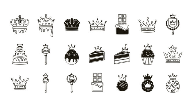 Hand-drawn royal crowns, cakes, chocolates, and scepters icons set on white background