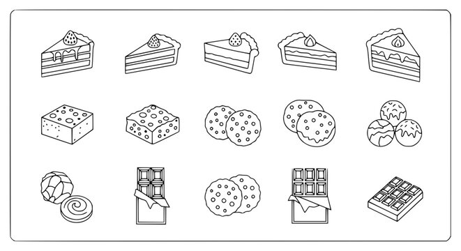 Dessert Collection Vector Icons: Cakes, Brownies, Cookies, Chocolate Bars, Candies