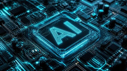 Fototapeta premium Glowing AI letters on a futuristic microchip circuit board representing artificial intelligence technology.