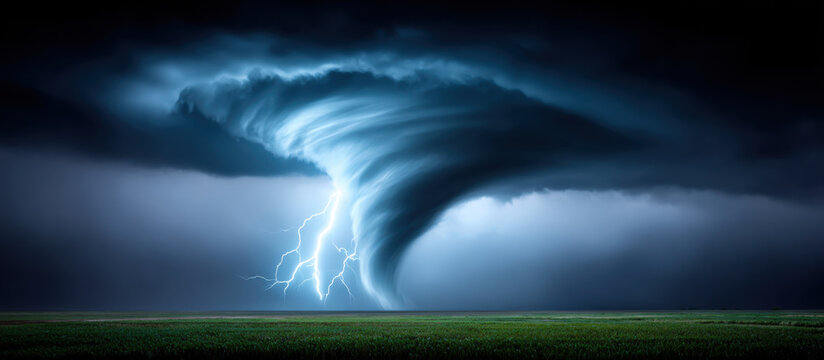 Tornado storm lightning strike dark sky swirling cloud severe weather violent wind weather event storm cloud grass field funnel cloud