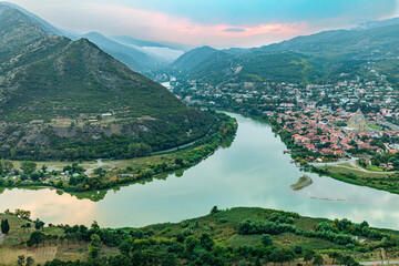 Western Asia, South Caucasus, Republic of Georgia, Mtskheta-Mtianeti. Mtskheta. Kura River at sunset. © Emily_M_Wilson