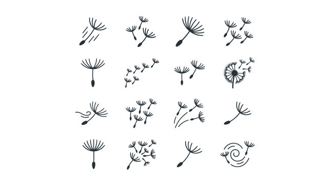 Black dandelion seed silhouettes and blowing puffball elements.