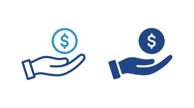Two icons of a hand holding a dollar coin, one outlined and one solid, symbolizing finance and investment.