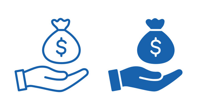 Two simplified blue icons show a hand holding a money bag with a dollar sign, one outlined and one solid.