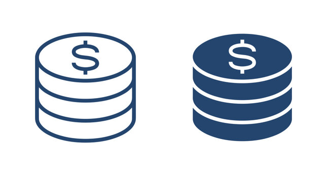 Two coin stacks with dollar signs, one in outline and one solid, representing finance and wealth.
