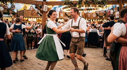 Happy couple dancing traditional Bavarian Landler at Oktoberfest festival