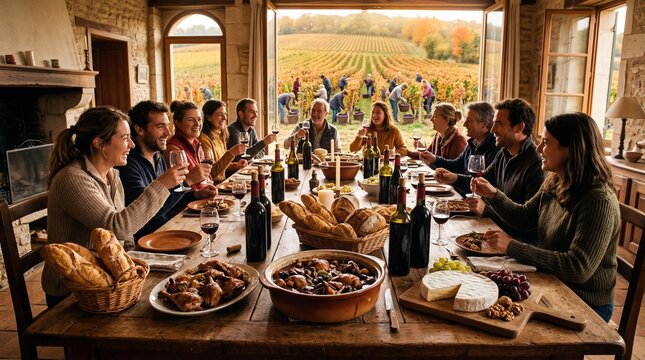 Friends enjoy coq au vin and red wine during a French harvest dinner feast