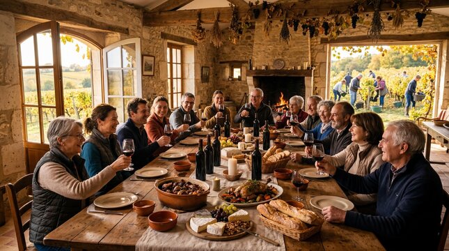 Friends enjoy coq au vin and Bordeaux wine at a French harvest feast