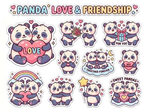 Professional Sticker Sheet with Adorable Panda Pairs Sharing Love and Friendship