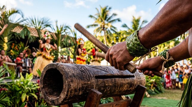 Polynesian musician playing traditional toere slit drum at a Tahiti festival