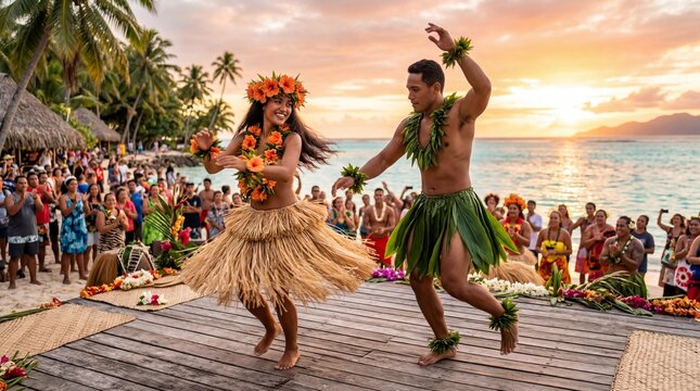 Polynesian dancers performing Ori Tahiti on a tropical beach at sunset