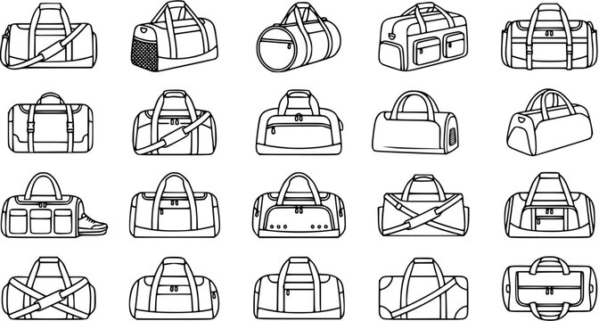 Black and White Line Art of Various Sports Duffle Bags