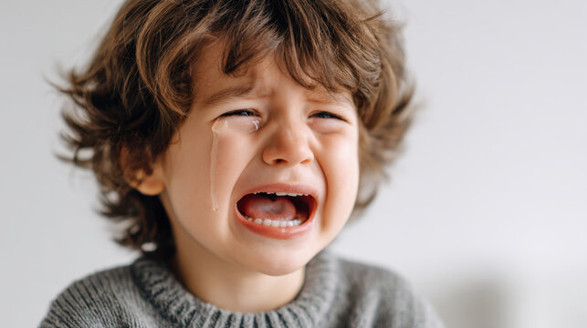 Crying child emotional face tearful eyes open mouth sad expression upset child close up portrait young child curly hair