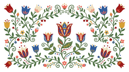 Symmetrical folk art flower arrangement with tulips and leaves. © Satria