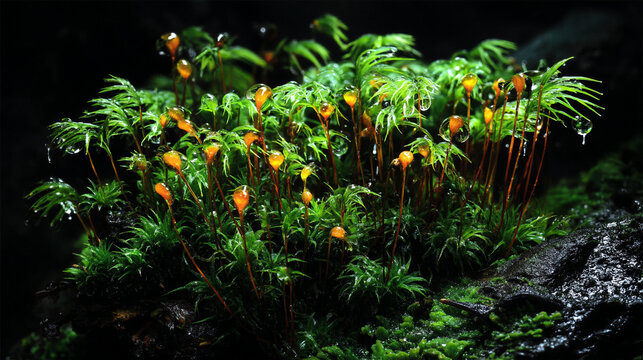 Macro photograph of green moss with orange sporangia capsules in a dark forest setting, sporangia