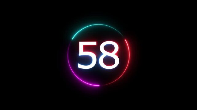 A dynamic circular animation, and glowing count neon number 58 animation . on a black background. and creating a stunning video.4k video
