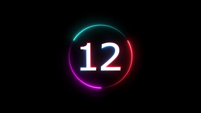 A dynamic circular animation, and glowing count neon number 12 animation . on a black background. and creating a stunning video.4k video
