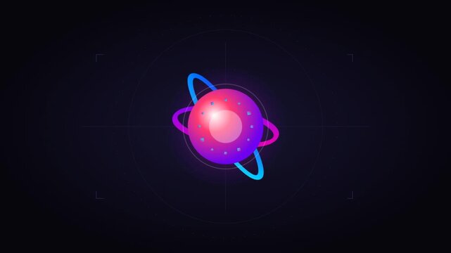 Stylized neon atom with rotating orbital rings in motion