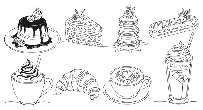 Dessert and Coffee Line Art Collection: Cakes, Croissant, Eclair, Drinks