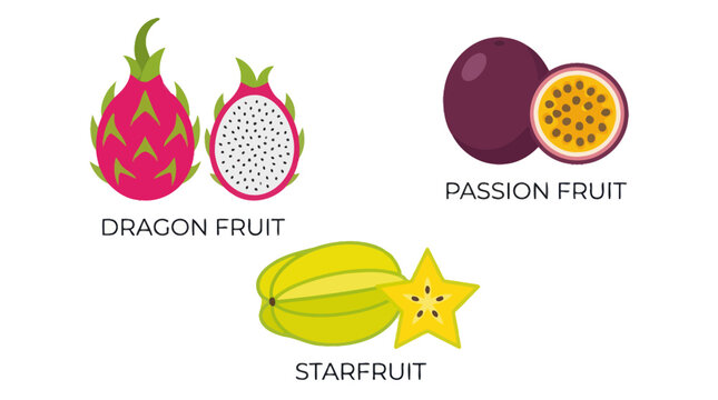 Minimalist dragon fruit passion fruit and starfruit food icons
