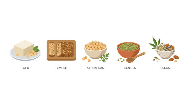 Set of plant based protein sources and vegan meat alternatives.