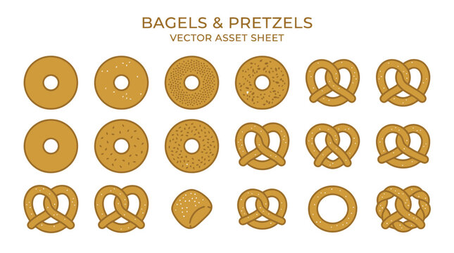 Set of various bagel and pretzel vector illustrations.