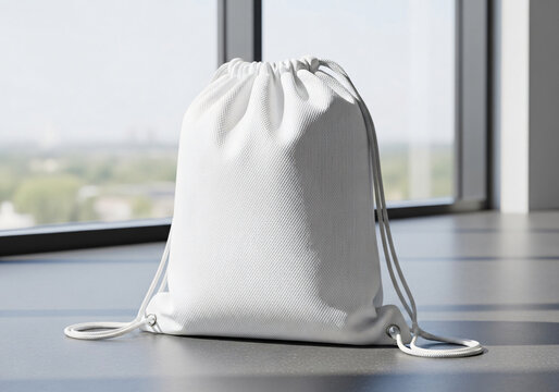 Blank White Cotton Drawstring Backpack Mockup on Modern Floor
