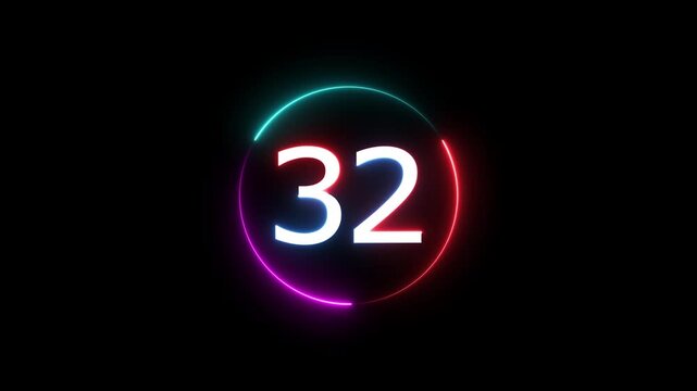 A dynamic circular animation, and glowing count neon number 32 animation . on a black background. and creating a stunning video.4k video