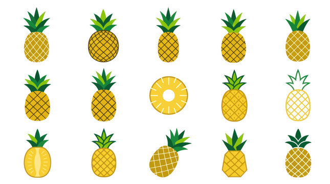 Flat vector illustration set of pineapples and slices.