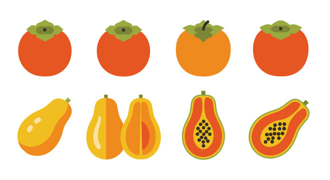 Fresh persimmon and papaya fruit vector icons collection.