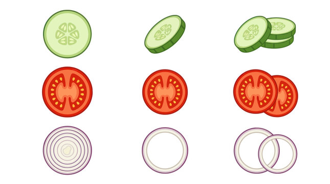 Fresh cucumber tomato and onion slices in rows.