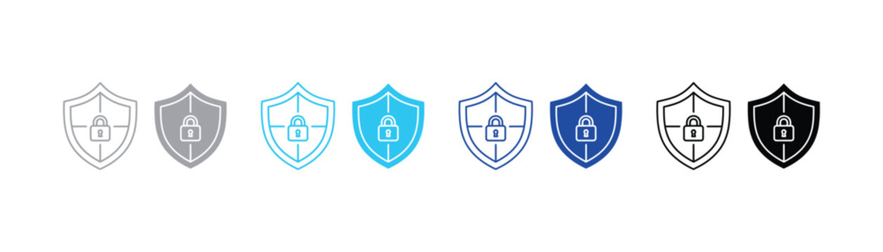 Security shield icons with padlock symbol in linear and solid styles security protection business internet technology isolated background reliable guarantee application interface encrypted