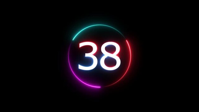 A dynamic circular animation, and glowing count neon number 38 animation . on a black background. and creating a stunning video.4k video