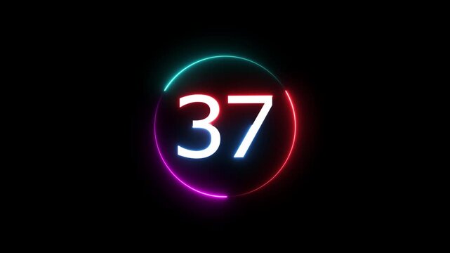 A dynamic circular animation, and glowing count neon number 37 animation . on a black background. and creating a stunning video.4k video