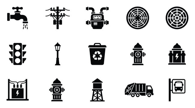 Urban infrastructure and public services flat black vector icon set with traffic light, water tap, trash bin, courthouse and city facility symbols