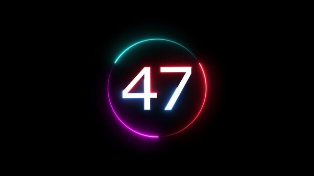A dynamic circular animation, and glowing count neon number 47 animation . on a black background. and creating a stunning video.4k video