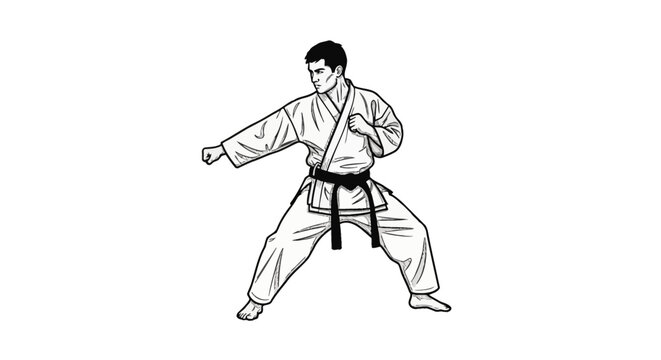 Black and white sketch illustration of a man wearing a traditional martial arts kimono and black belt, performing a karate punch in a side stance, isolated on white background.