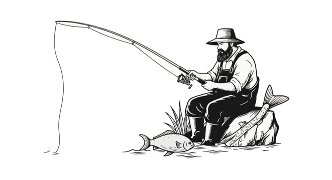 Black and white woodcut style vector illustration of a bearded fisherman wearing a hat and overalls, sitting on a rock and holding a fishing rod with reels and caught fish.